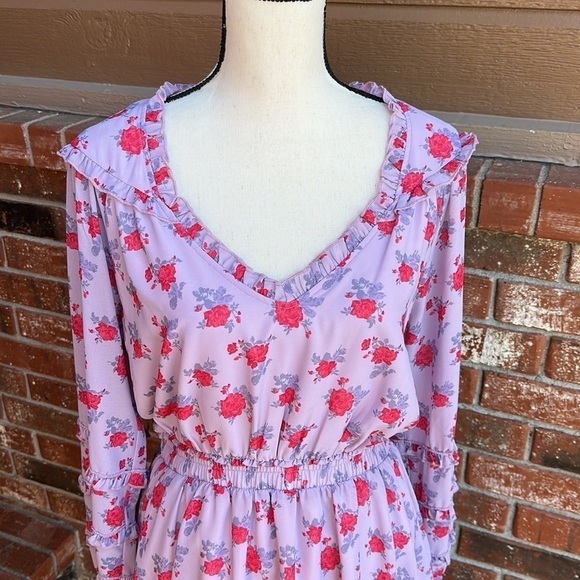 Shabby Chic Everleigh Rose Floral Print Ruffle Trim V-Neck Blouson Smocked Dress - Picture 2 of 8